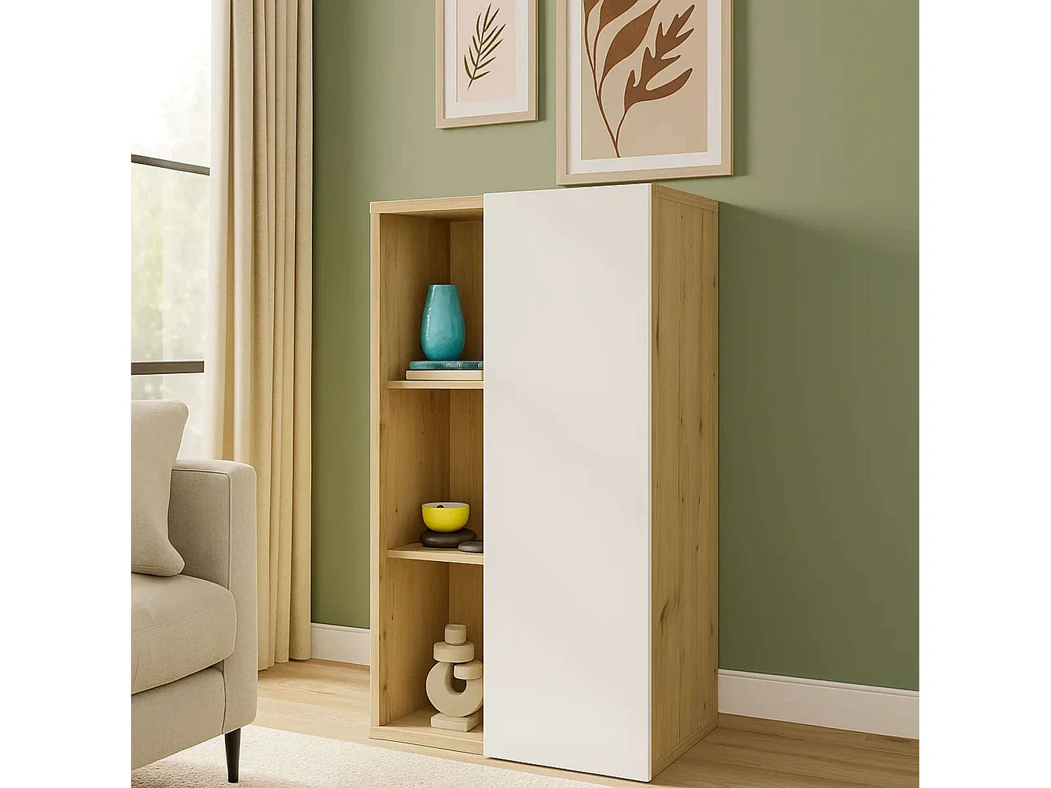 Aparador Donna 1 Porta 4 Prateleiras Carvalho Branco Fosco Nórdico 80 cm