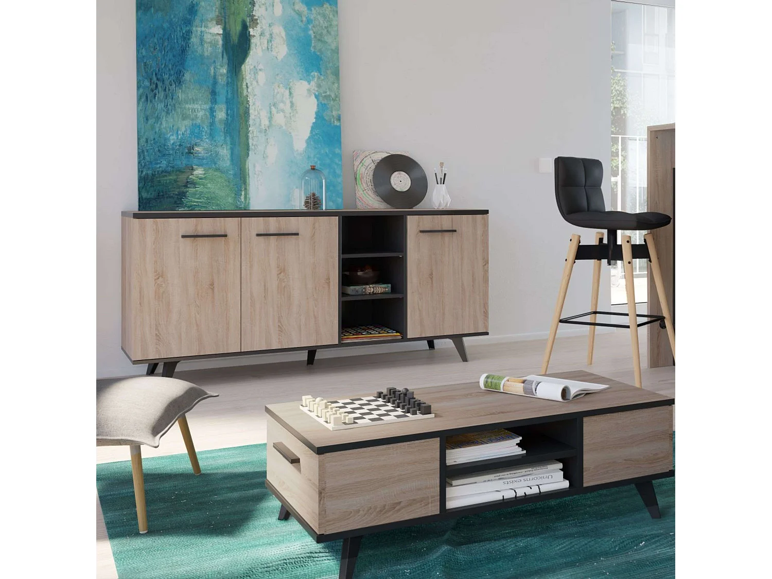 Aparador de jantar Wayne Oak e preto 161x44x73 cm