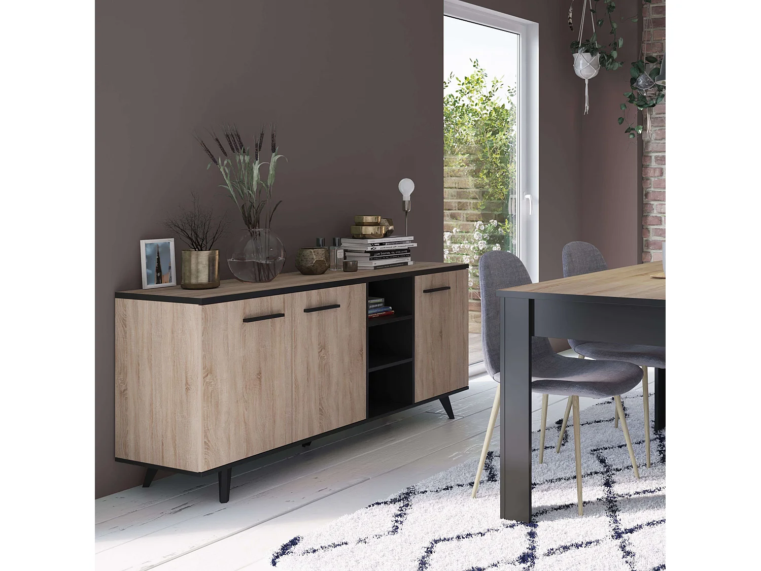 Aparador de jantar Wayne Oak e preto 161x44x73 cm