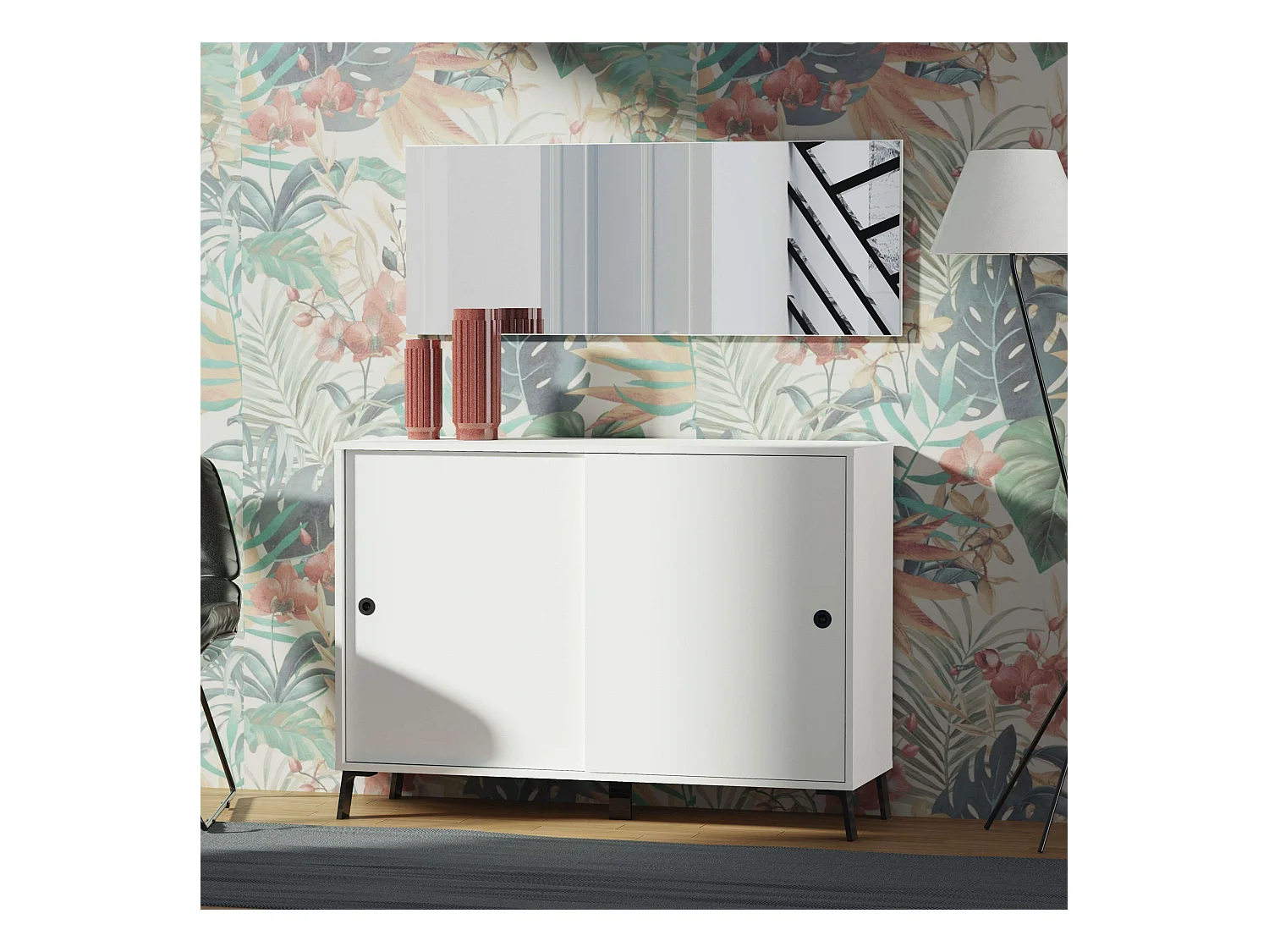 Buffet 2 portes pour salon, salle à manger, blanc moderne, Kamet, 87 x 120 x 40 cm