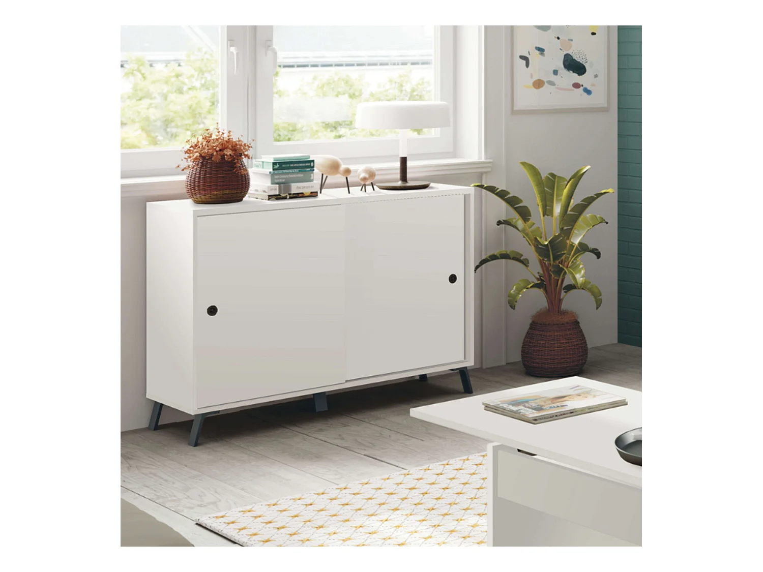 Buffet 2 portes pour salon, salle à manger, blanc moderne, Kamet, 87 x 120 x 40 cm