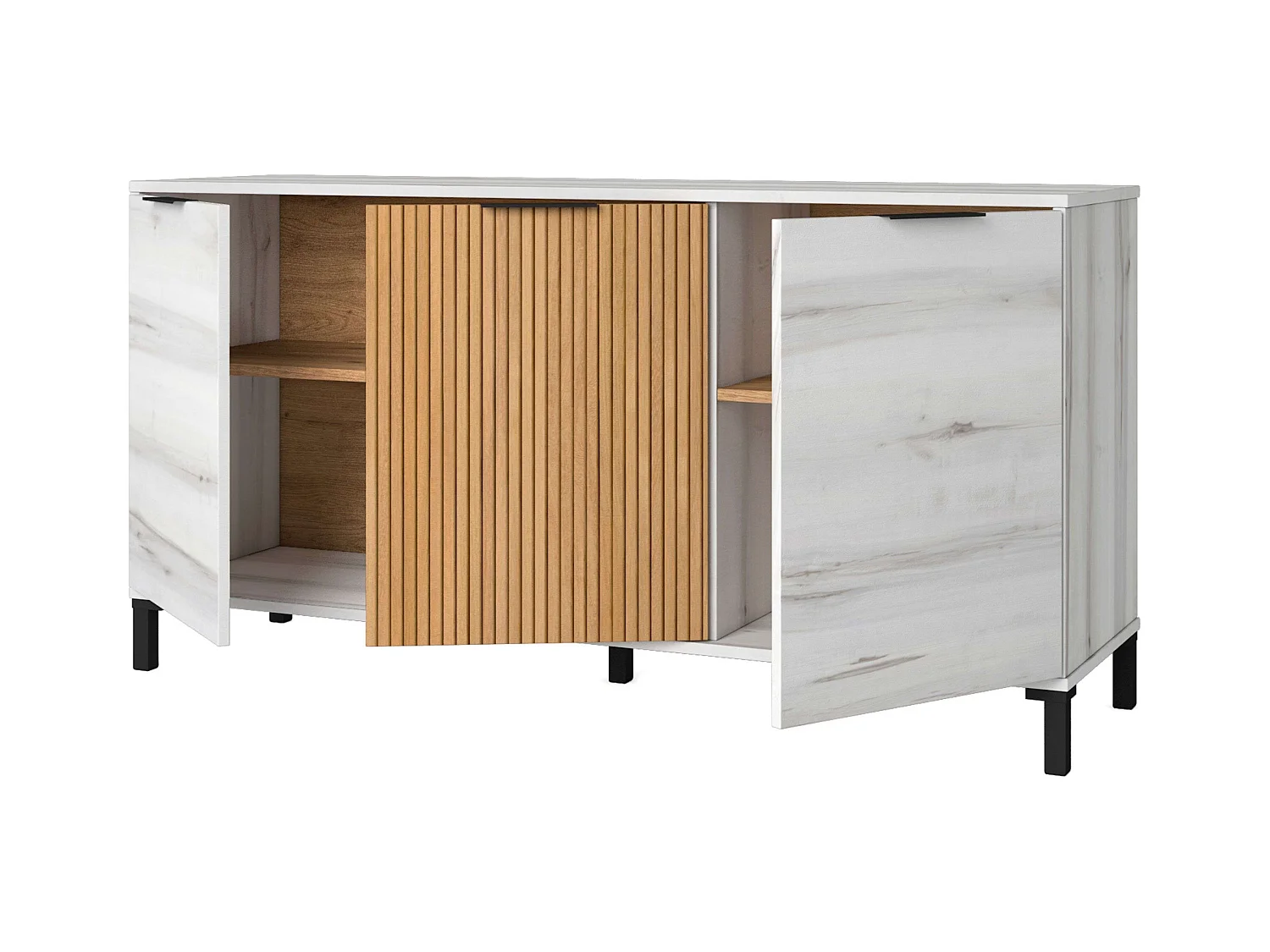 Aparador Tokio Estilo Nórdico Blanco Albo y Roble 3 Puertas 136 cm