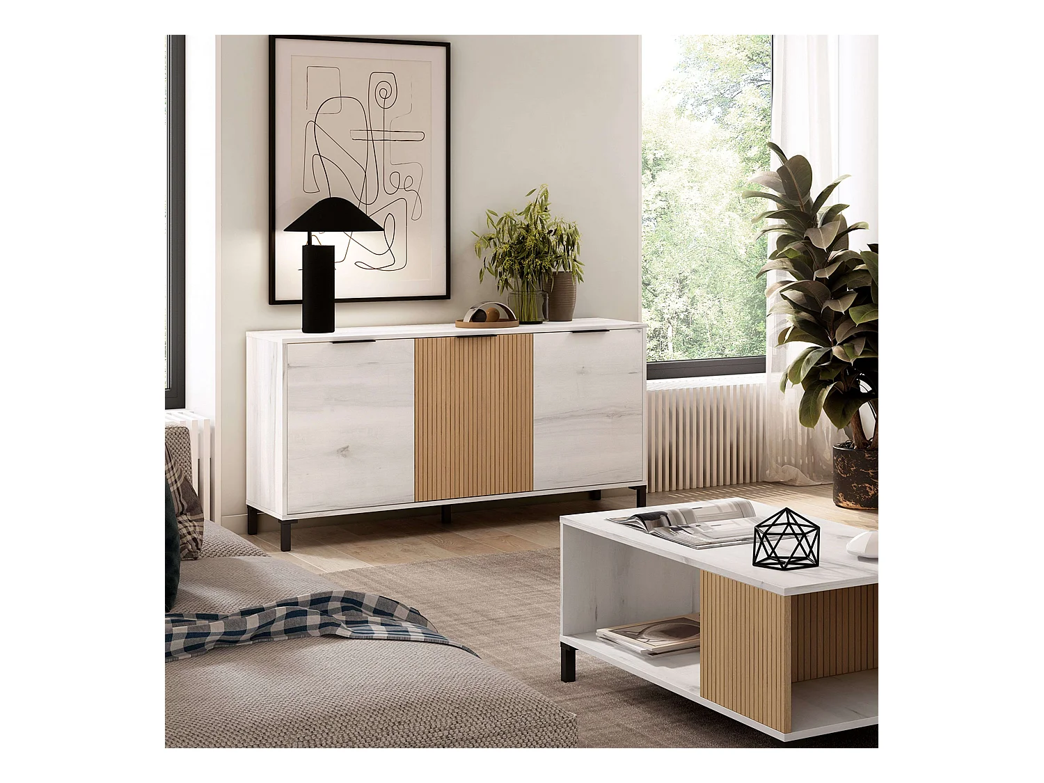 Aparador Tokio Estilo Nórdico Blanco Albo y Roble 3 Puertas 136 cm