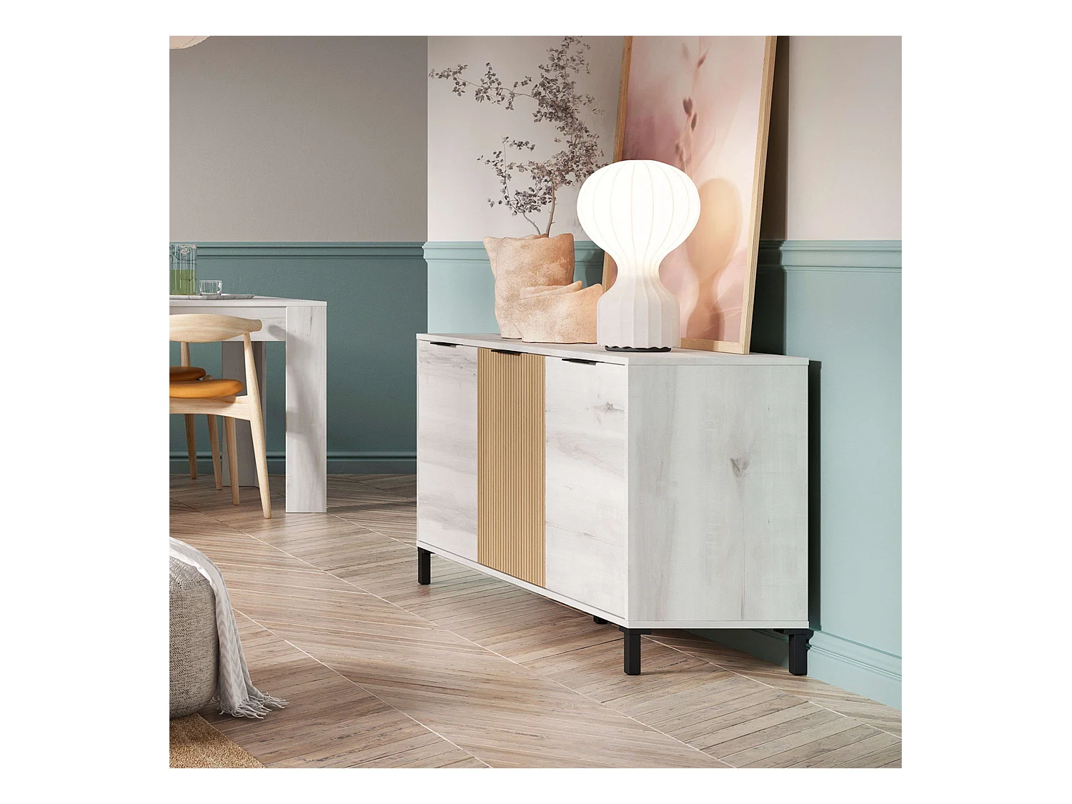 Aparador Tokio Estilo Nórdico Blanco Albo y Roble 3 Puertas 136 cm