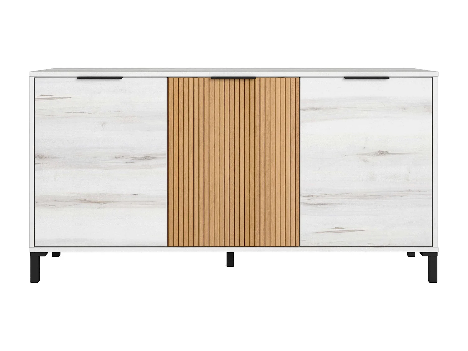 Aparador estilo nórdico Tóquio, branco, albo e carvalho, 3 portas, 136 cm