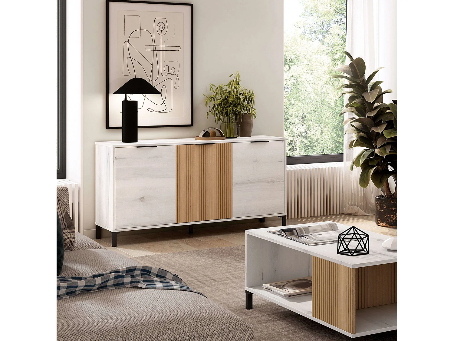 Aparador estilo nórdico Tóquio, branco, albo e carvalho, 3 portas, 136 cm