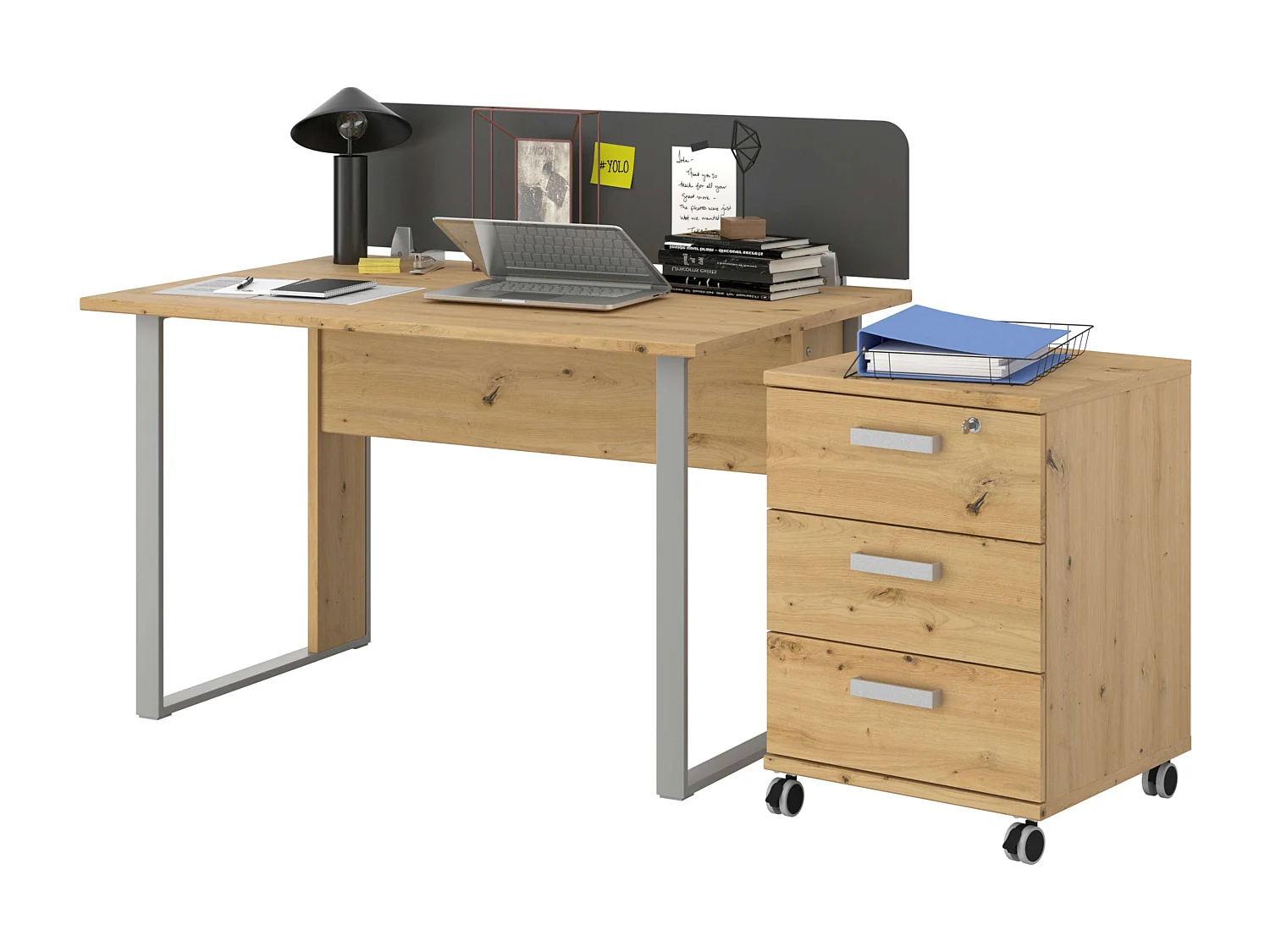 Cajonera Venture Oficina Ruedas 3C Estilo Industrial Roble 49x70x49 cm