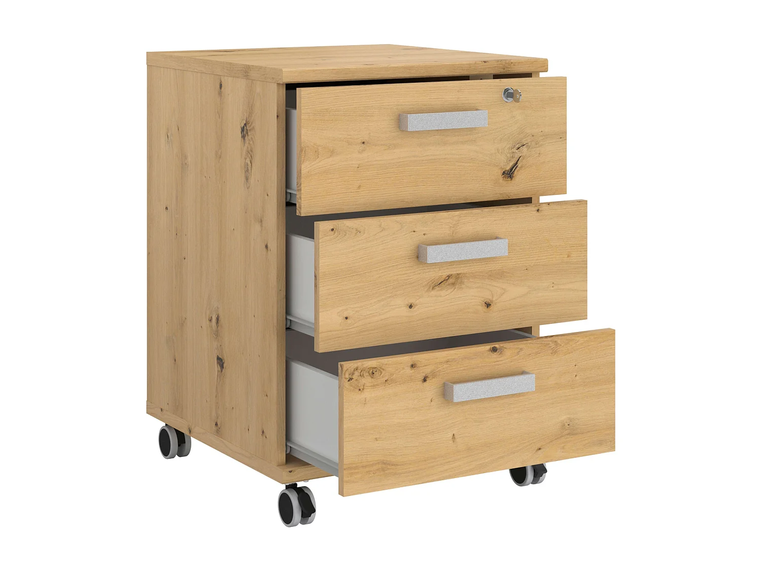 Caisson à tiroirs Venture Office avec 3 roulettes, style industriel, chêne, 49 x 70 x 49 cm