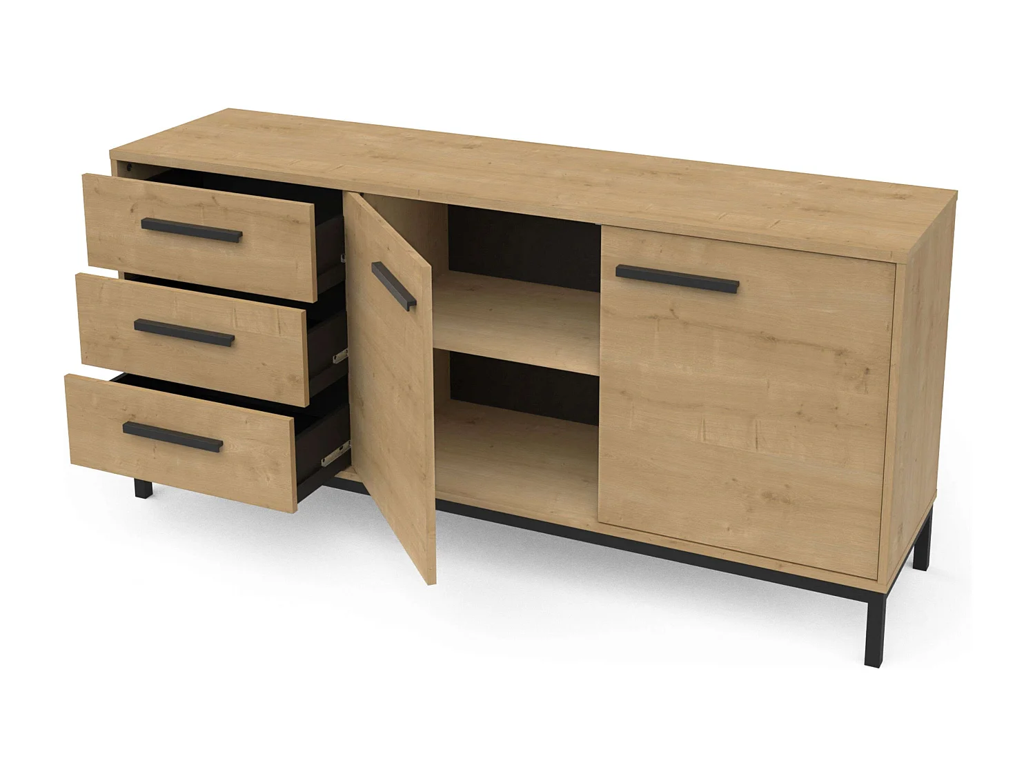 Buffet artisanal avec 2 portes et 3 tiroirs, chêne et noir, 72x40x153cm