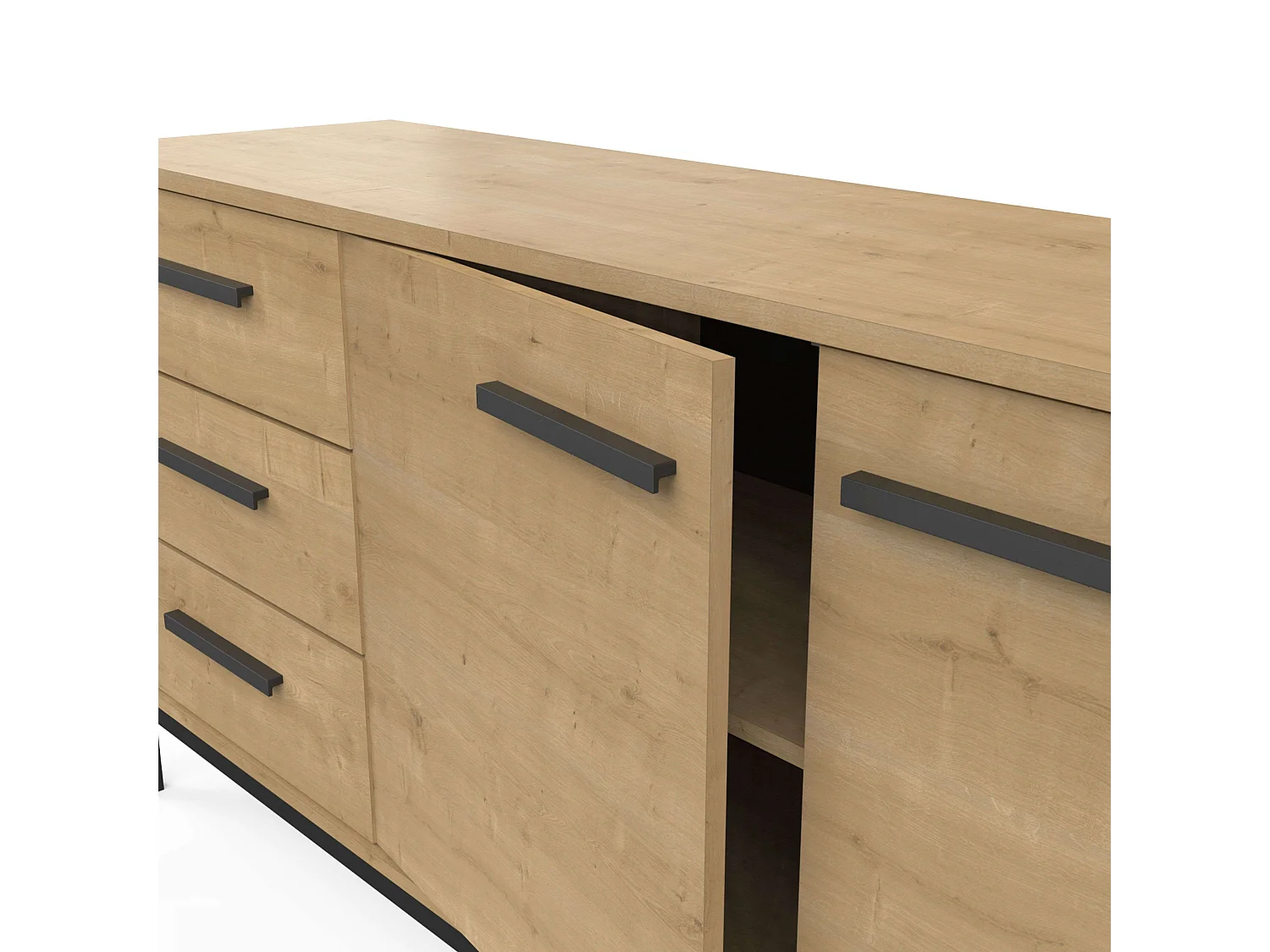 Buffet artisanal avec 2 portes et 3 tiroirs, chêne et noir, 72x40x153cm