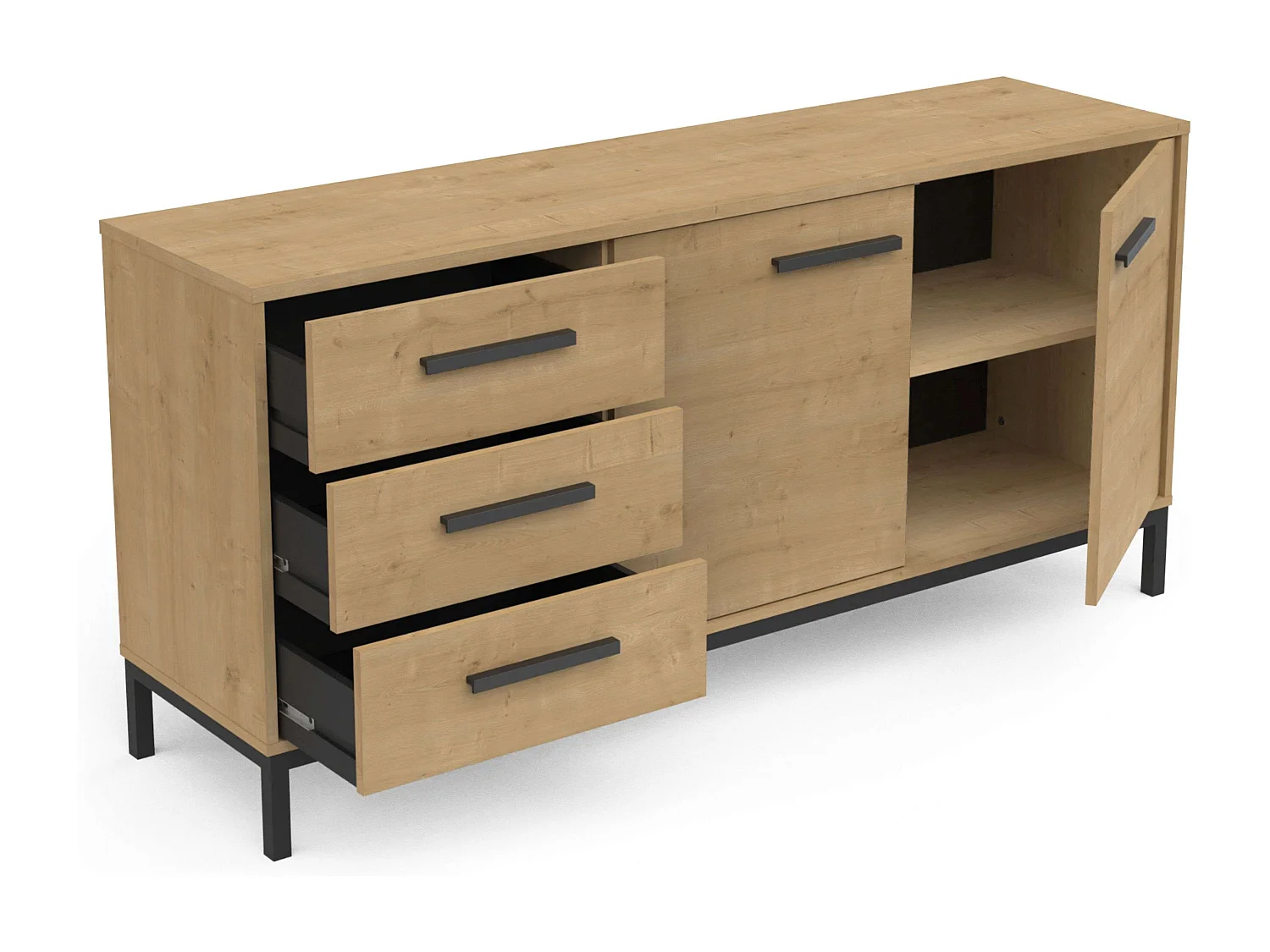 Buffet artisanal avec 2 portes et 3 tiroirs, chêne et noir, 72x40x153cm