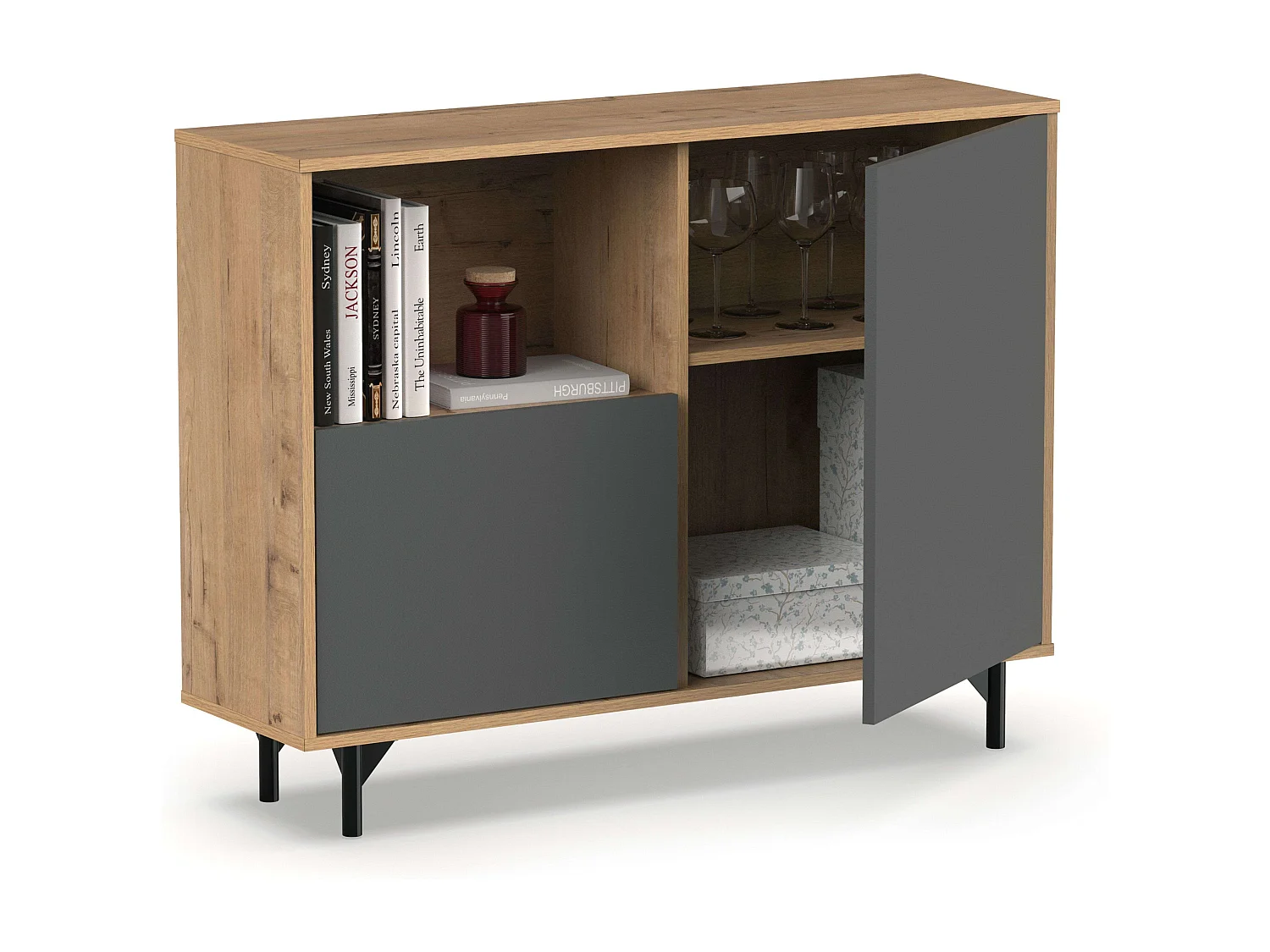 Aparador Salón Comedor Anori Patas Roble Gold Gris 112 cm