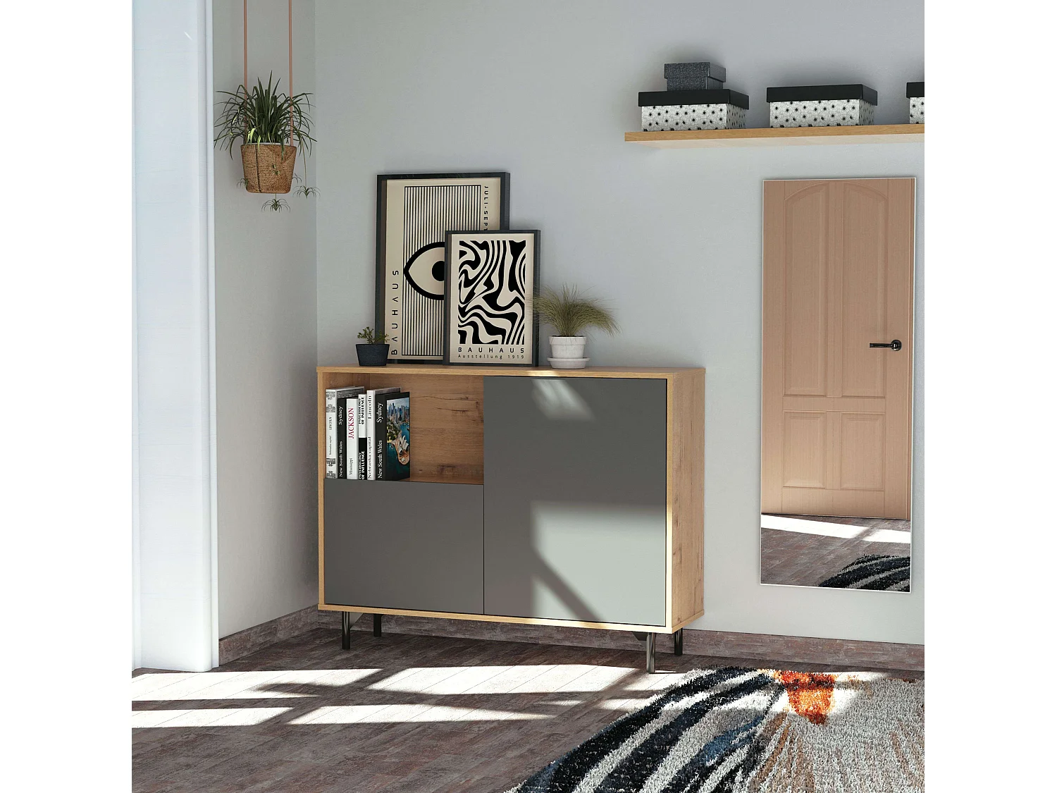 Aparador Salón Comedor Anori Patas Roble Gold Gris 112 cm