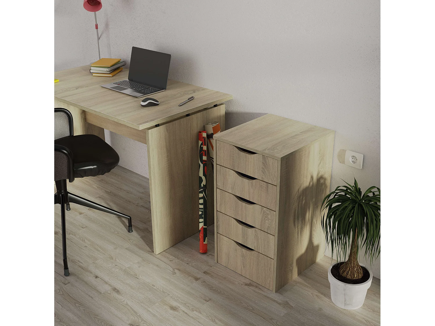 Commode de bureau 5 tiroirs Eko Chêne Cambrien 71x40x43 cm