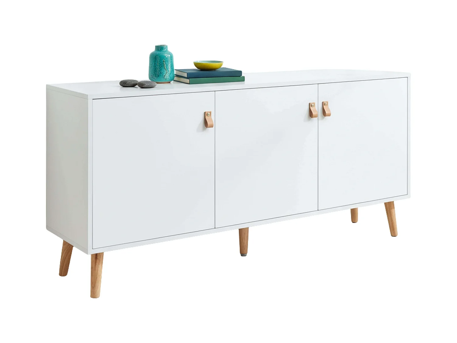 Buffet Anzio 3 portes, pieds en pin, 140 x 68 x 35 cm, blanc mat