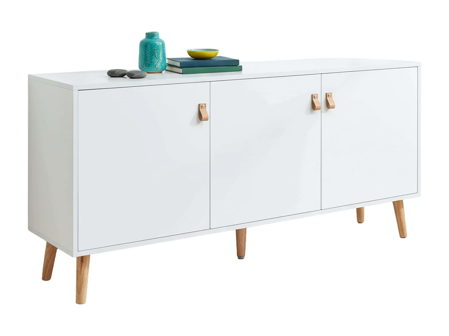 Aparador Anzio com 3 portas, pés de pinho, 140x68x35 cm, branco fosco