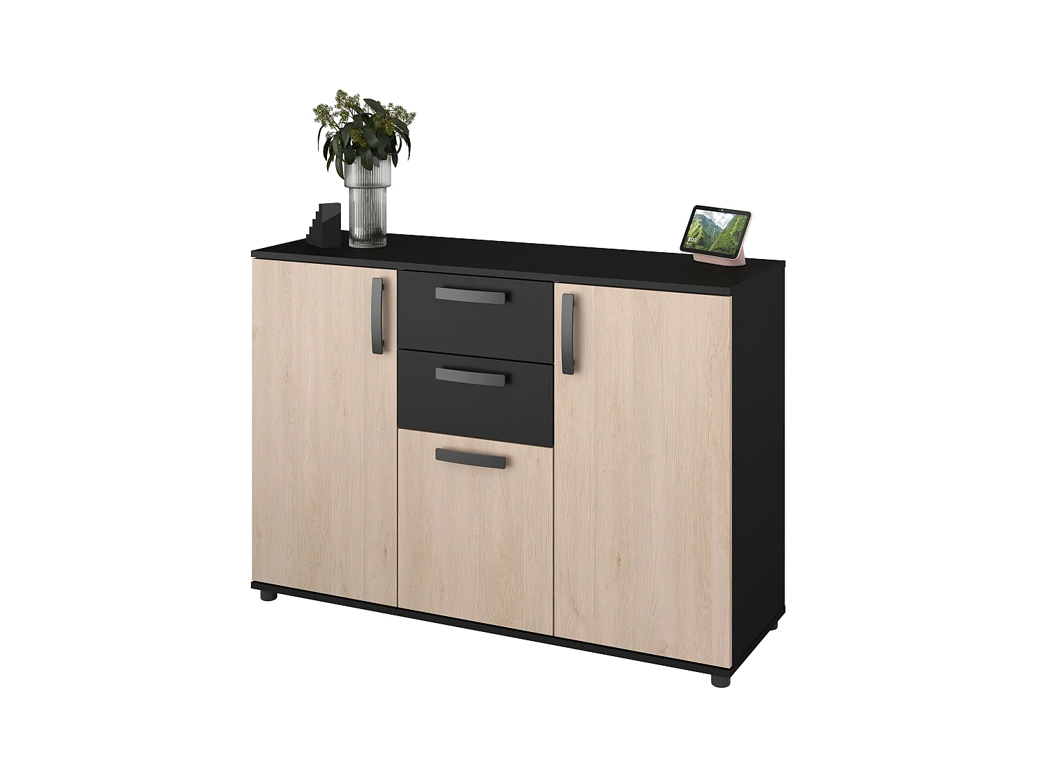 Aparador de sala de jantar moderno escuro, carvalho do Brooklyn e pontilhado preto, 119x40 cm