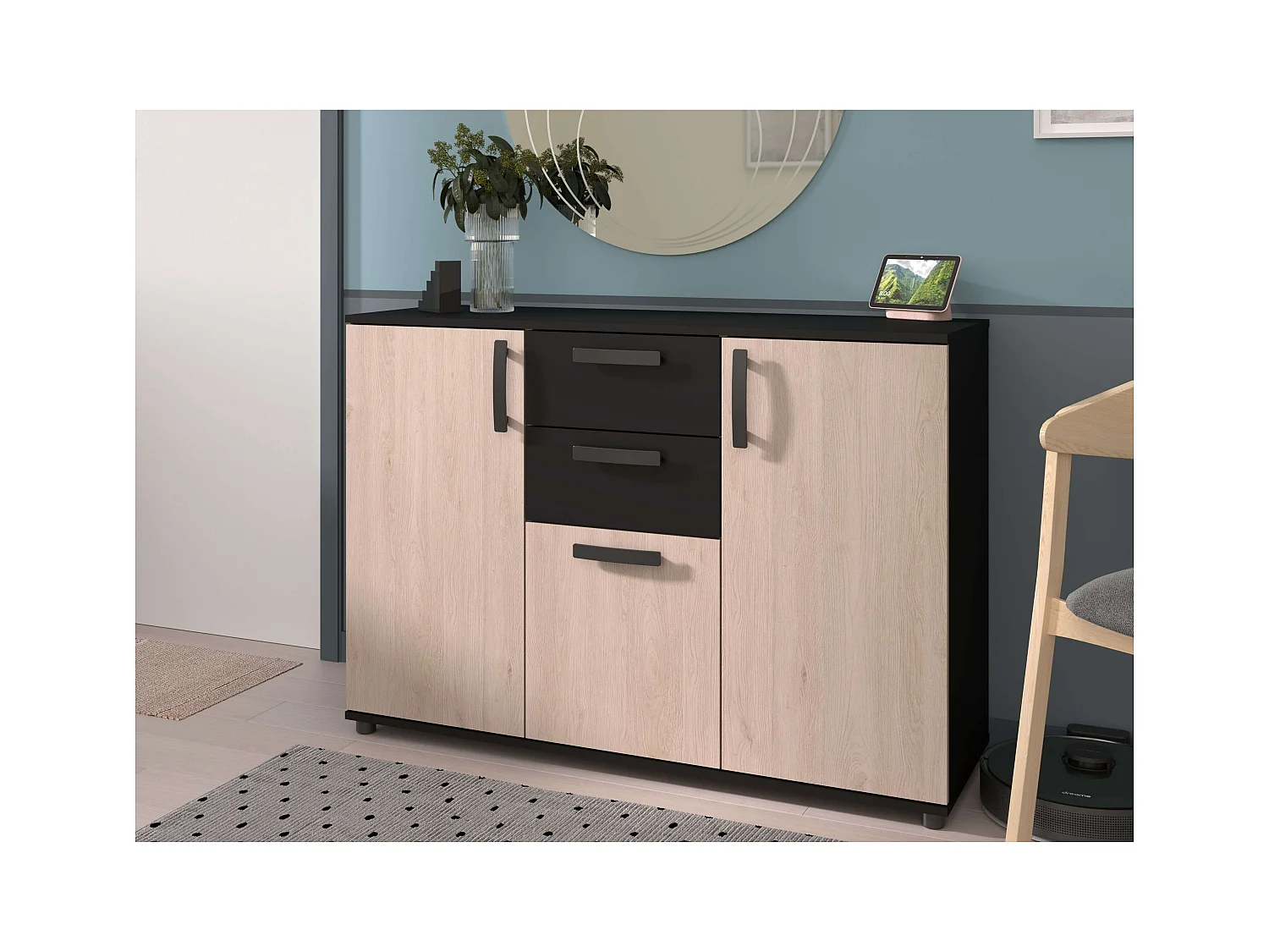 Aparador de sala de jantar moderno escuro, carvalho do Brooklyn e pontilhado preto, 119x40 cm