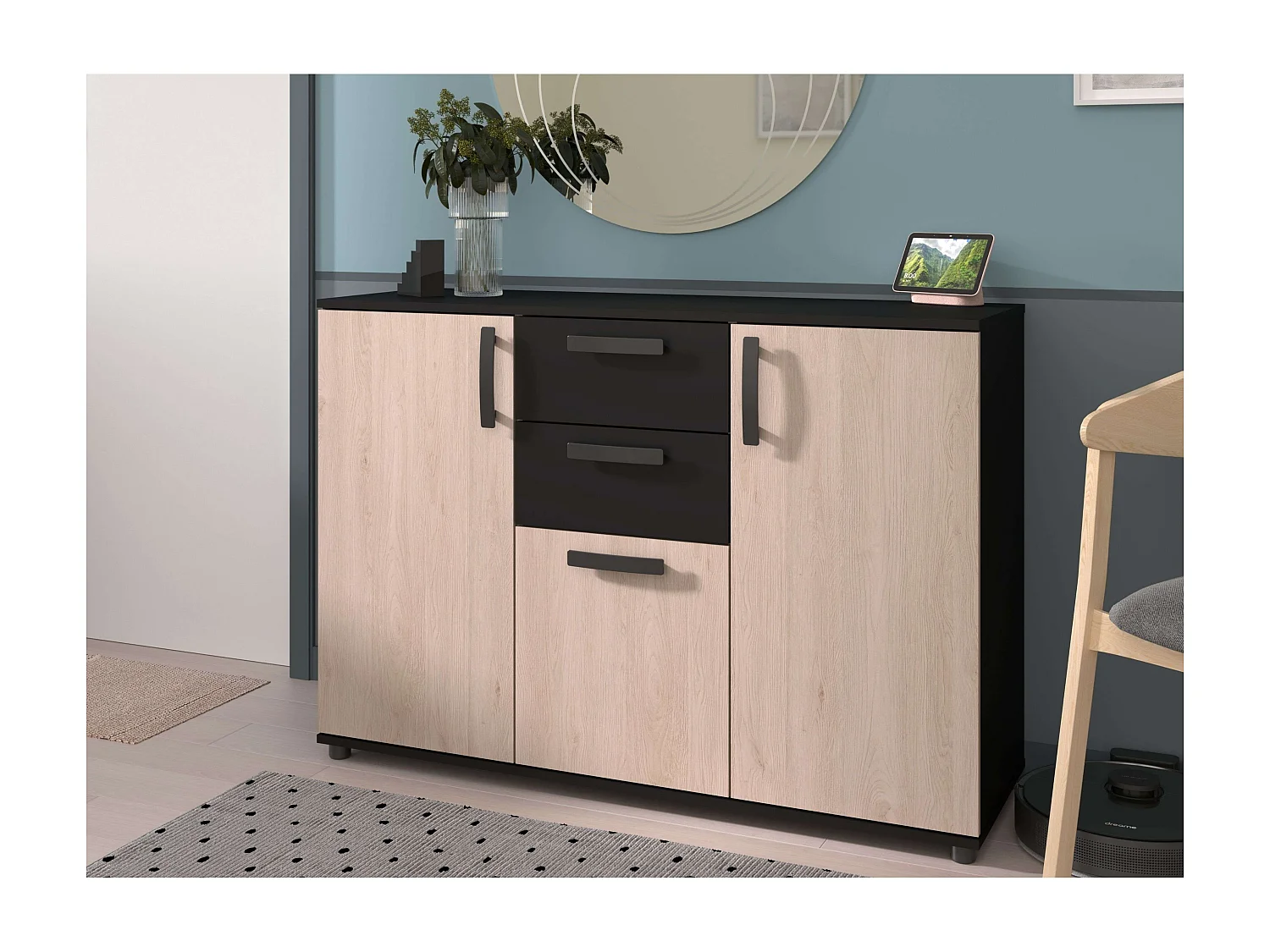 Aparador de sala de jantar moderno escuro, carvalho do Brooklyn e pontilhado preto, 119x40 cm