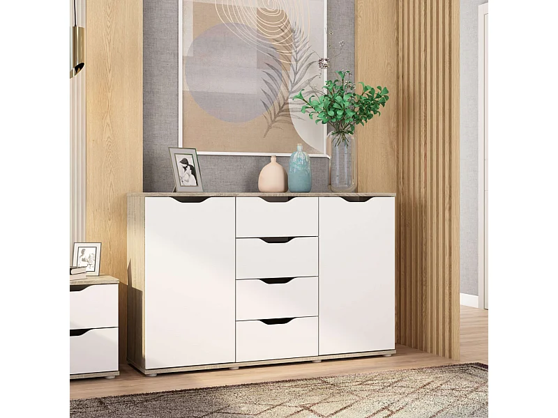 Buffet Parc 2 portes 4 tiroirs Chêne Sonoma Blanc mat 120 x 78,7 x 38 cm