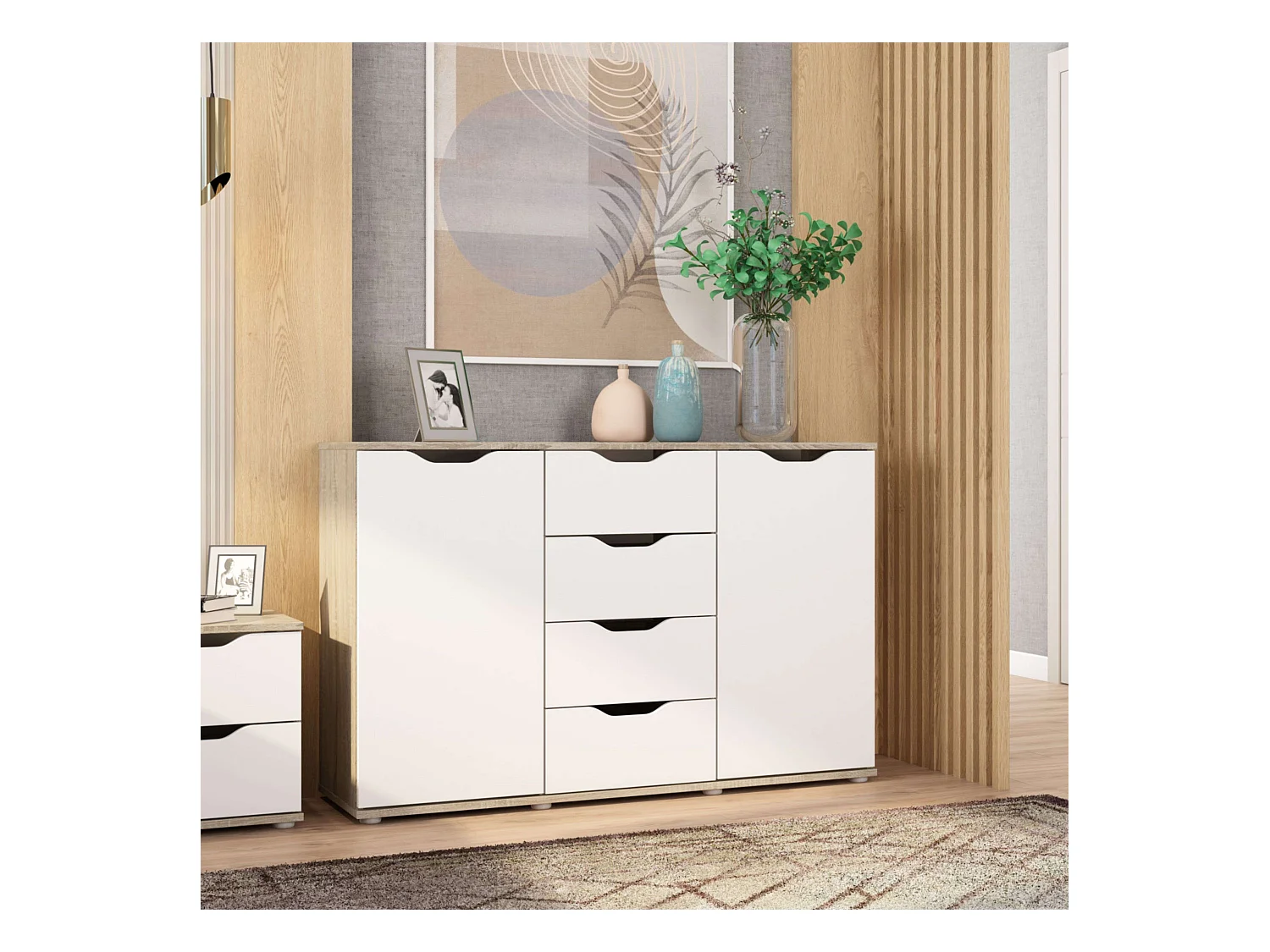 Aparador Parc 2 Puertas 4 Cajones Roble Sonoma Blanco Mate 120x78.7x38 cm