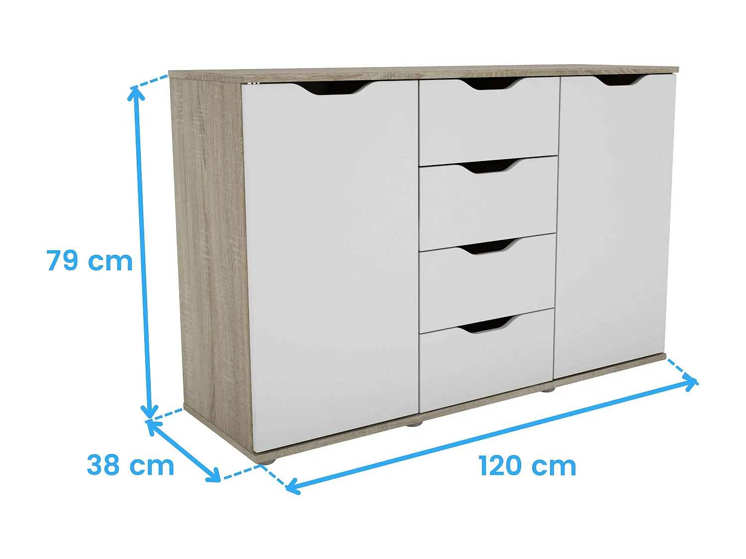 Aparador Parc 2 Portas 4 Gavetas Carvalho Sonoma Branco Mate 120x78,7x38 cm