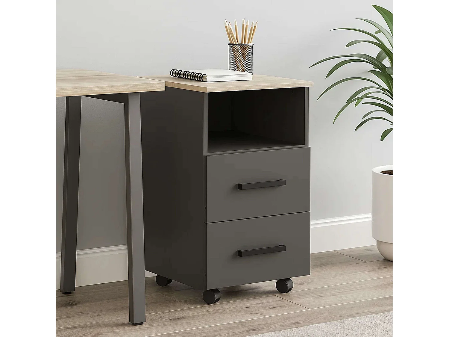 Commode de bureau Buc Fizz, 2 tiroirs, 1 tiroir creux, chêne Sonoma, gris, 40 x 67 x 45 cm