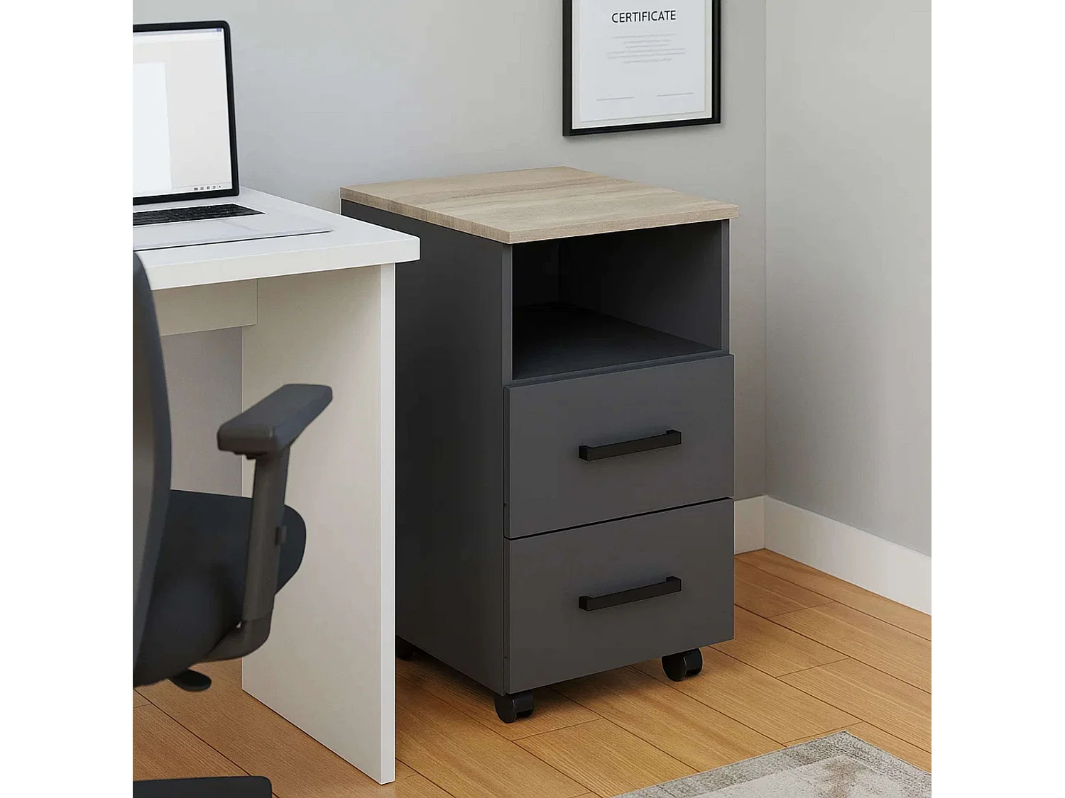 Commode de bureau Buc Fizz, 2 tiroirs, 1 tiroir creux, chêne Sonoma, gris, 40 x 67 x 45 cm