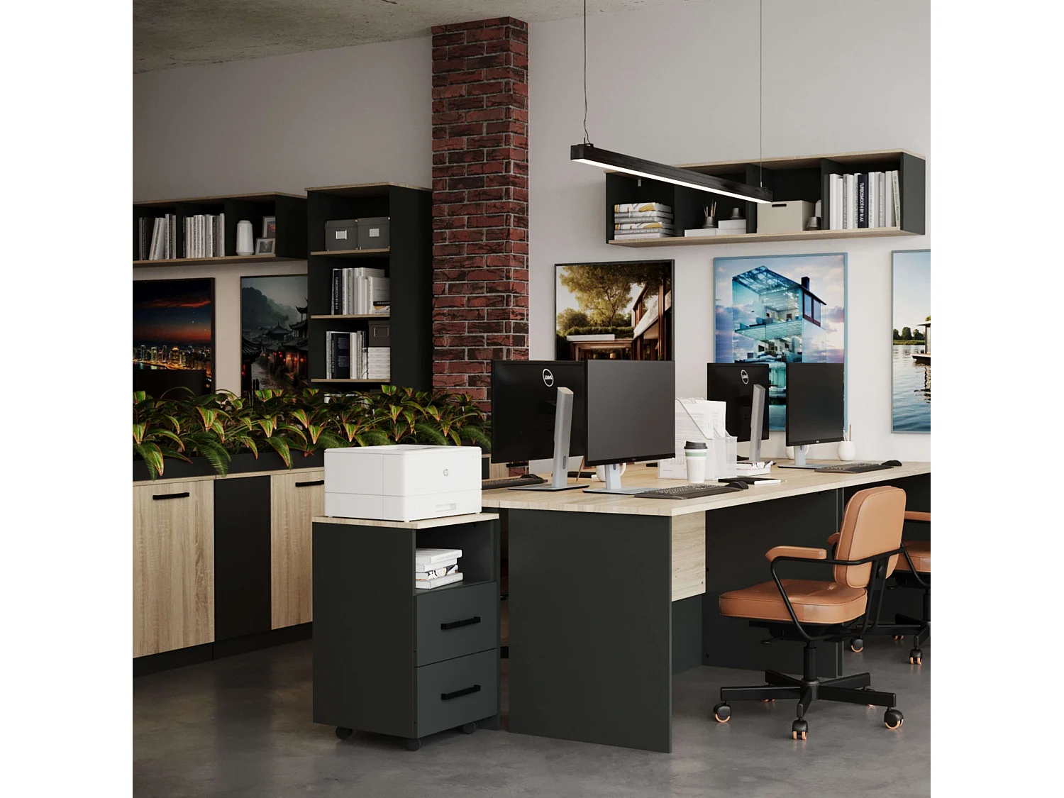 Commode de bureau Buc Fizz, 2 tiroirs, 1 tiroir creux, chêne Sonoma, gris, 40 x 67 x 45 cm