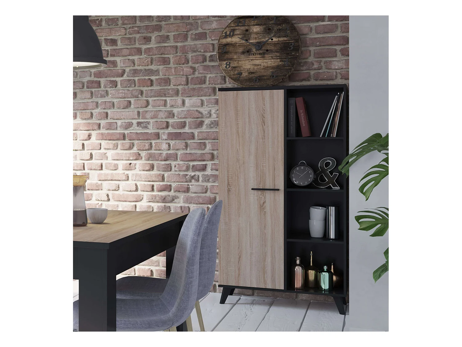 Estantería librería armario 1 puerta 8 baldas roble negro 154x83x39cm