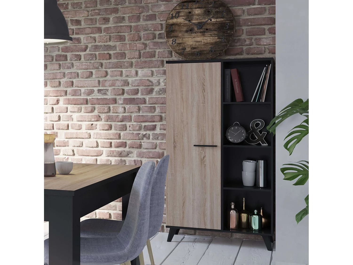 Estantería librería armario 1 puerta 8 baldas roble negro 154x83x39cm