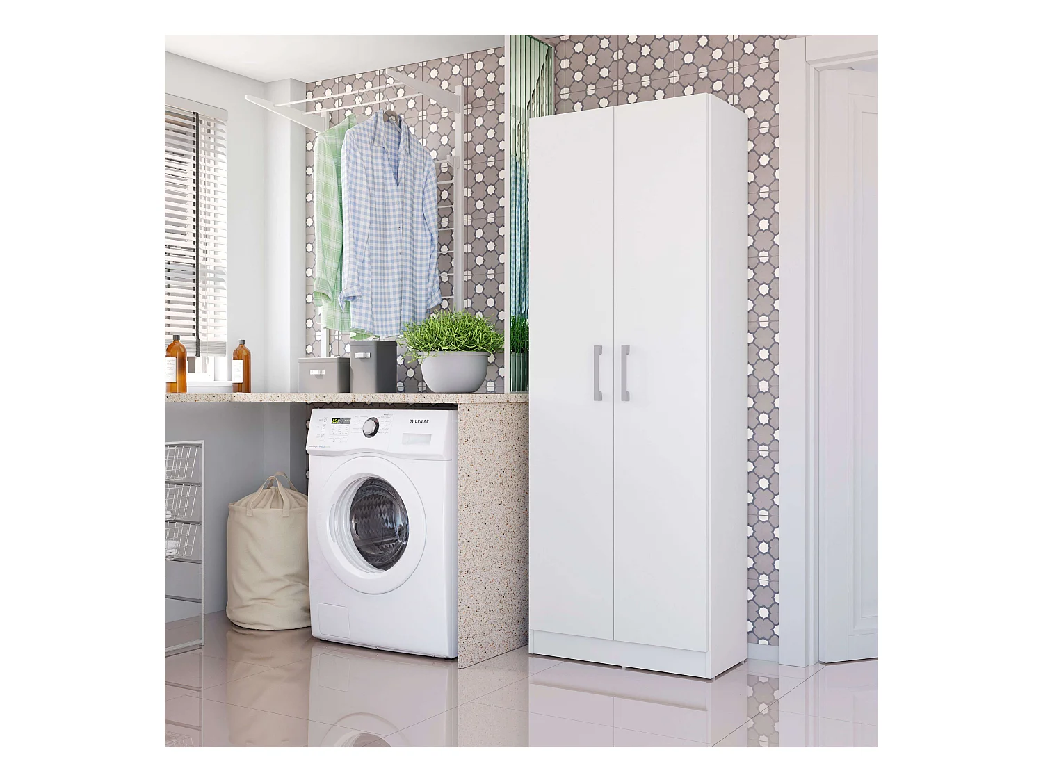 Armoire auxiliaire polyvalente avec 2 portes pliantes, blanc mat, 61 x 170 cm