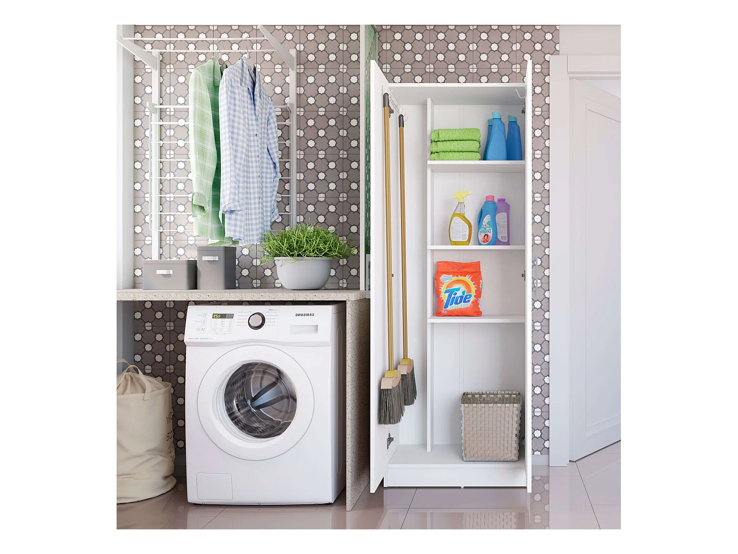 Armoire auxiliaire polyvalente avec 2 portes pliantes, blanc mat, 61 x 170 cm