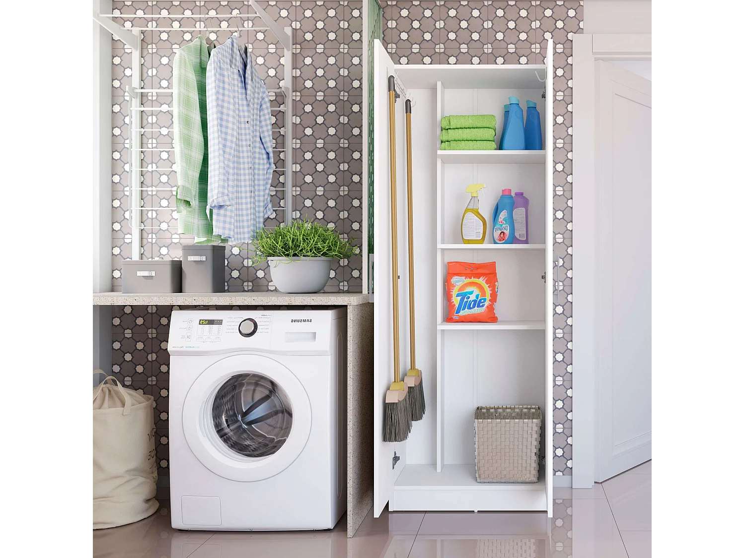 Armoire auxiliaire polyvalente avec 2 portes pliantes, blanc mat, 61 x 170 cm