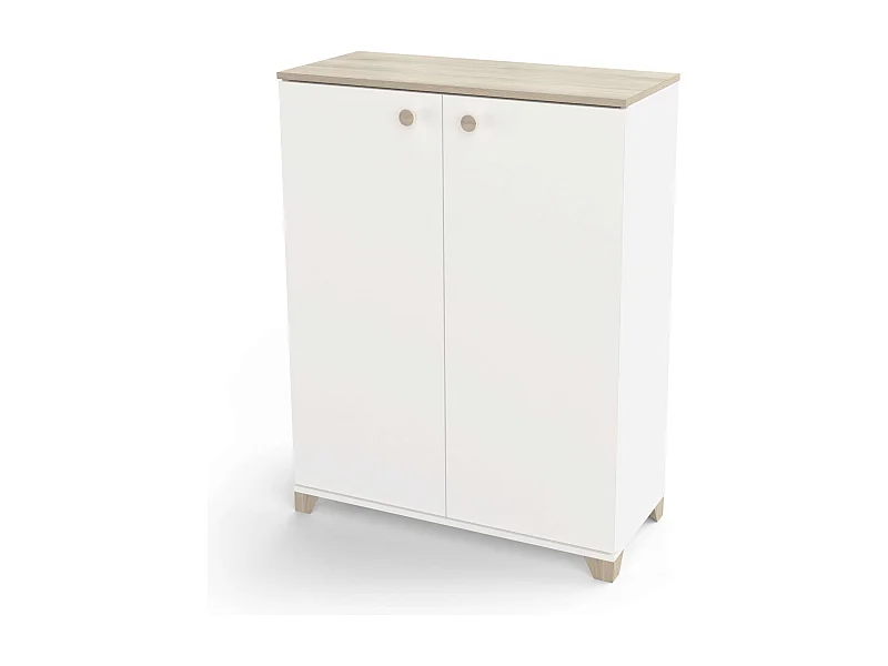 Armoire d'appoint Izzy à portes pliantes en blanc mat et chêne, 104 x 80 x 35 cm
