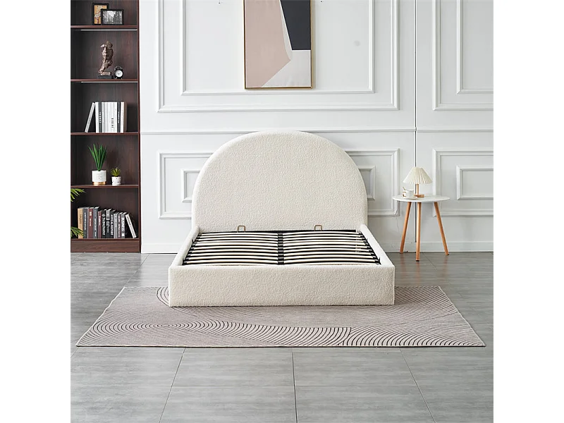 Lit Double Coffre VALENTINA – 160x200 cm – Tissu Doudou Blanc – Avec Rangement