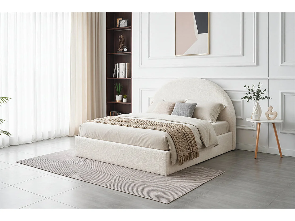 Lit Double Coffre VALENTINA – 160x200 cm – Tissu Doudou Blanc – Avec Rangement