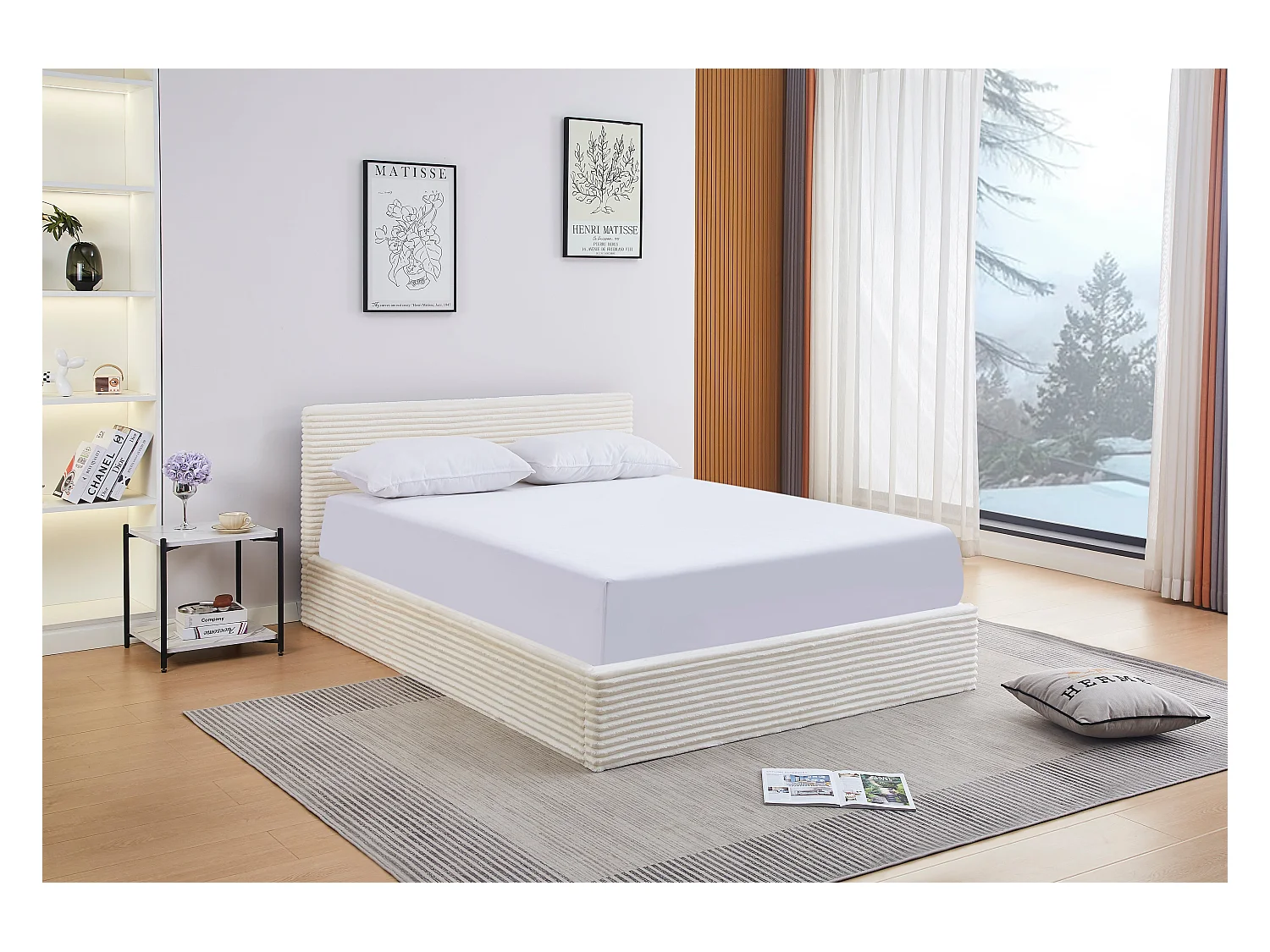 Lit Coffre MAIA – 140x190 cm – Velours Côtelé Écru & Rangement Intégré