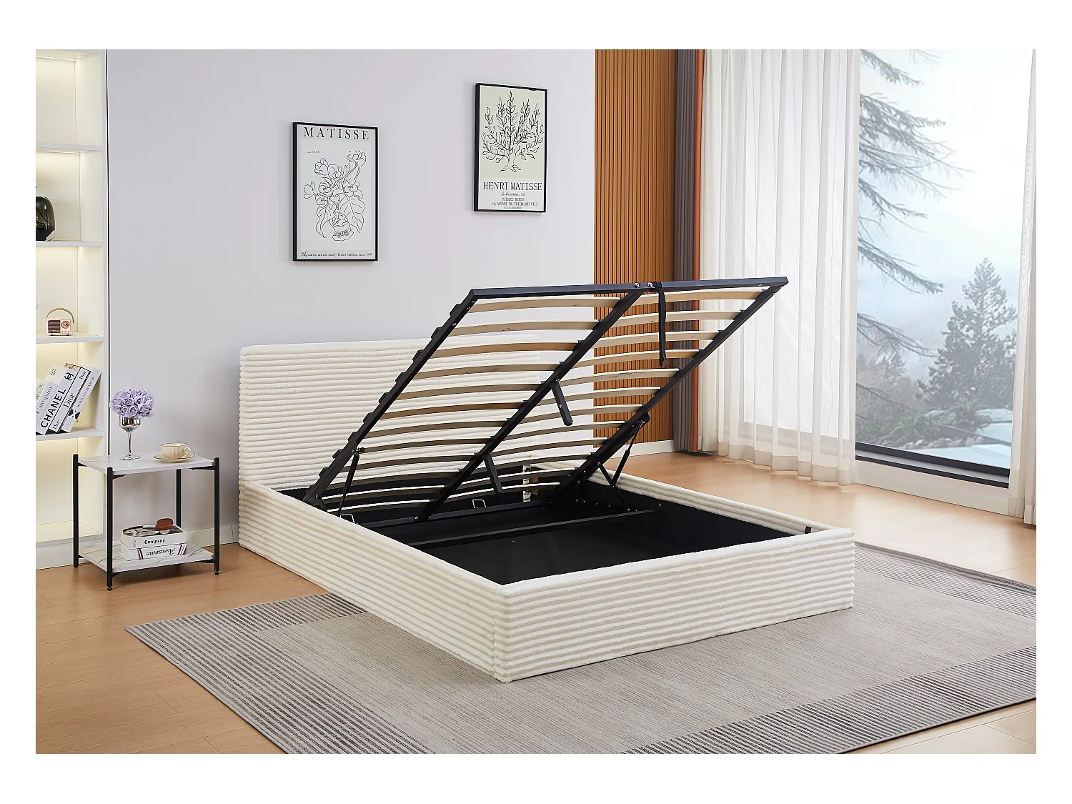Lit Coffre MAIA – 140x190 cm – Velours Côtelé Écru & Rangement Intégré