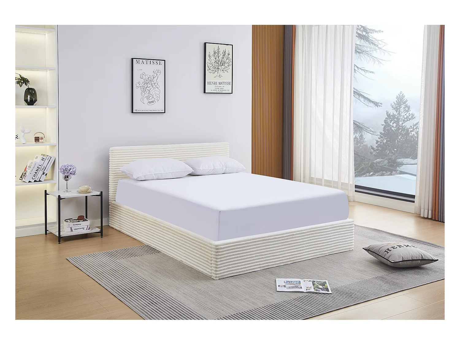 Lit Coffre MAIA – 140x190 cm – Velours Côtelé Écru & Rangement Intégré