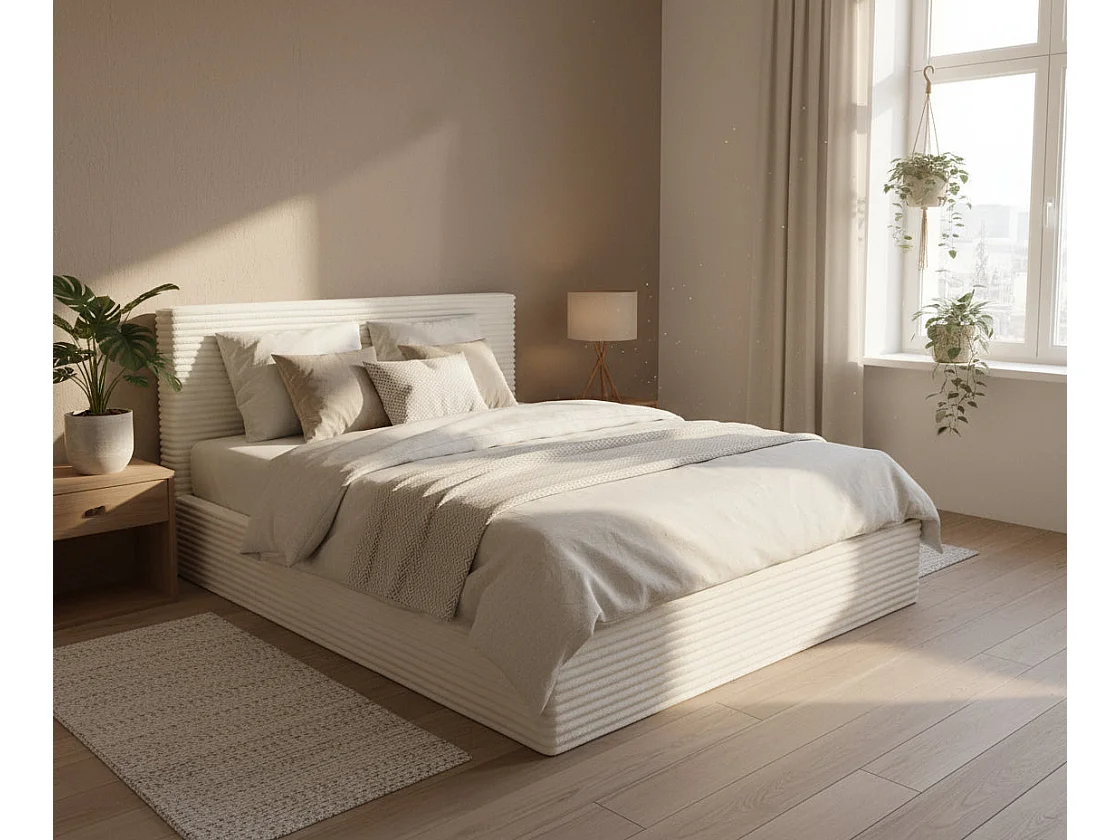 Lit Coffre MAIA 140x190 cm Velours Côtelé Écru avec Sommier