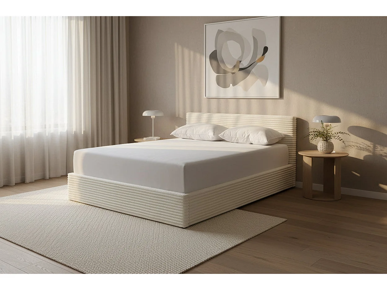 Lit Coffre MAIA 140x190 cm Velours Côtelé Écru avec Sommier