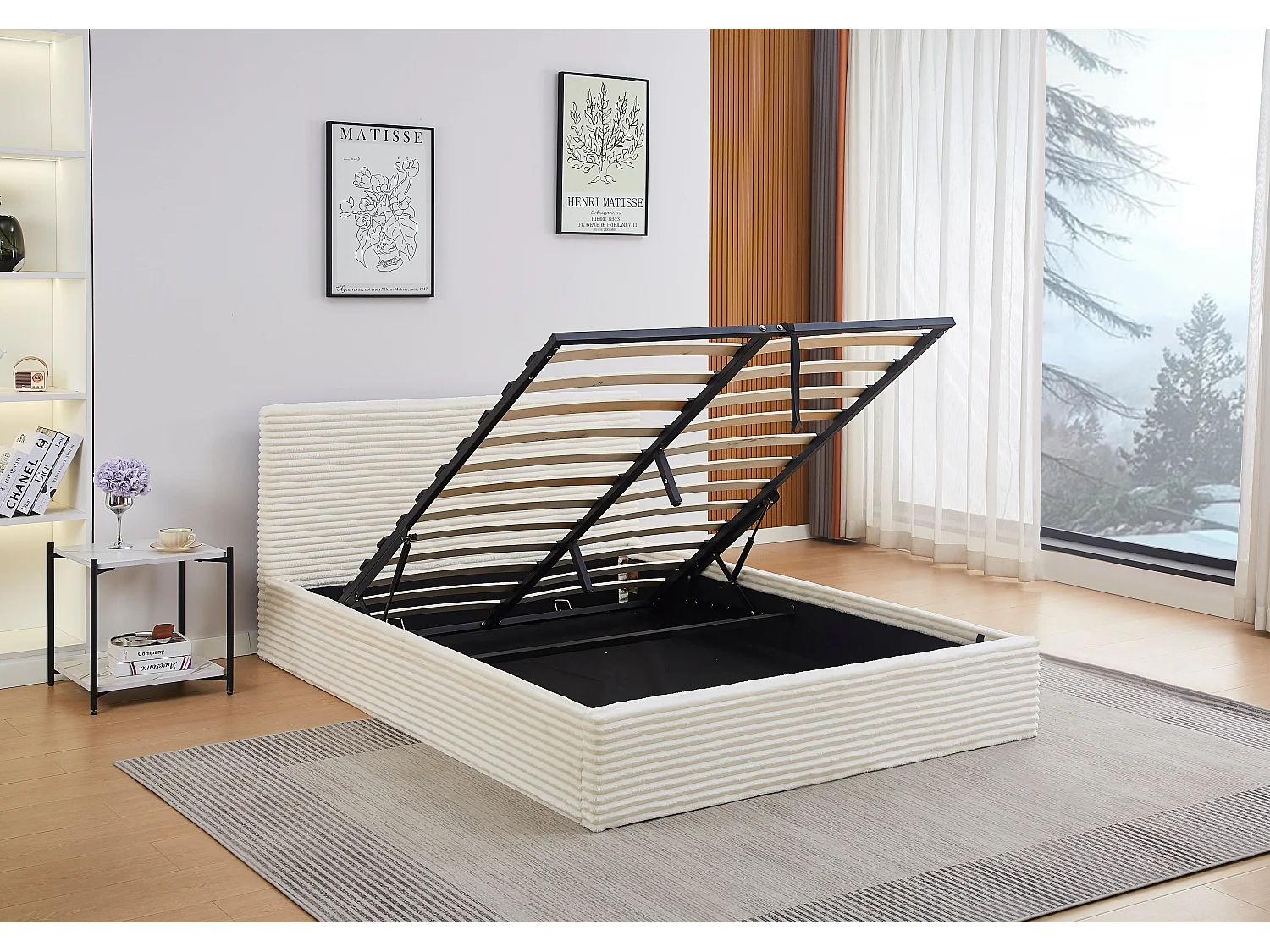 Lit Coffre MAIA 140x190 cm Velours Côtelé Écru avec Sommier