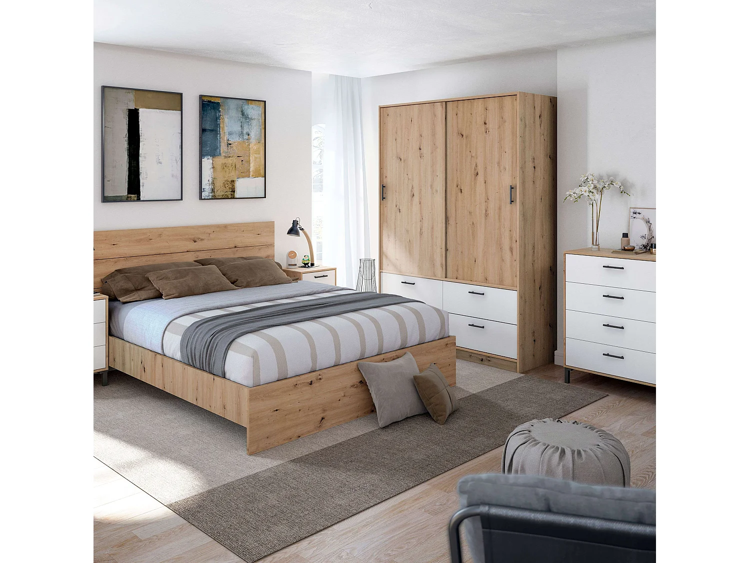 Armario 2 Puertas Correderas Lúmina Roble Nodi Blanco Artik 140x200x60 cm