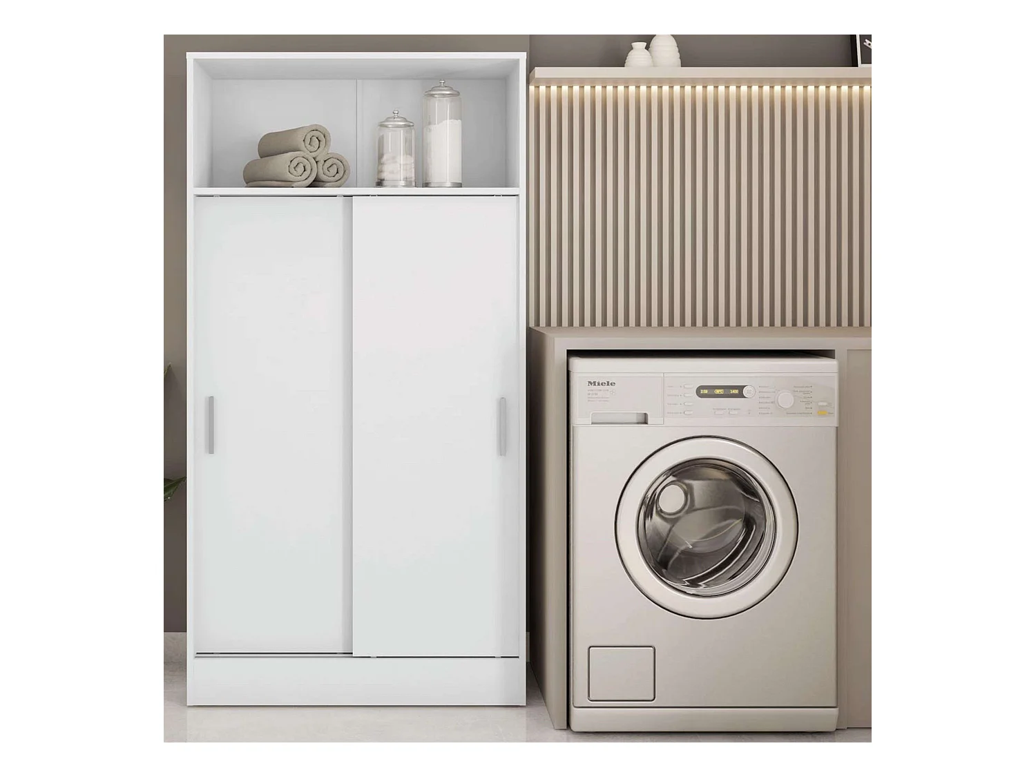 Meuble d'appoint de salle de bain 2 portes coulissantes, mélaminé blanc, 81 x 157 cm