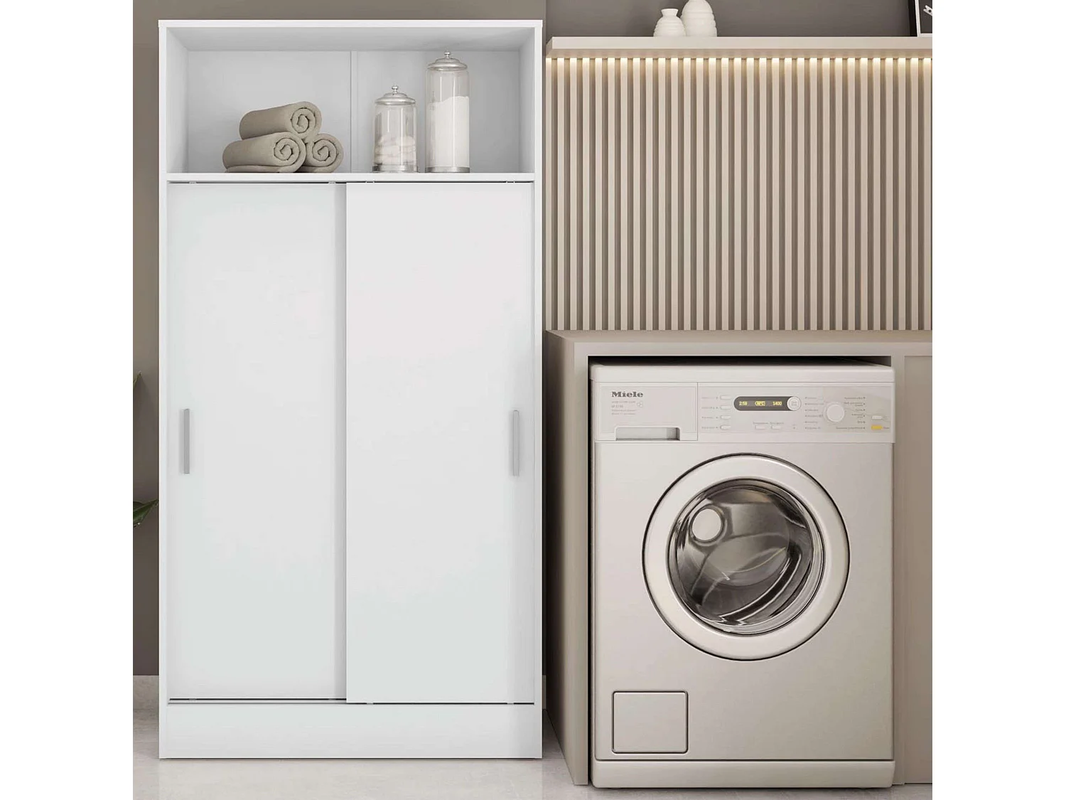 Meuble d'appoint de salle de bain 2 portes coulissantes, mélaminé blanc, 81 x 157 cm