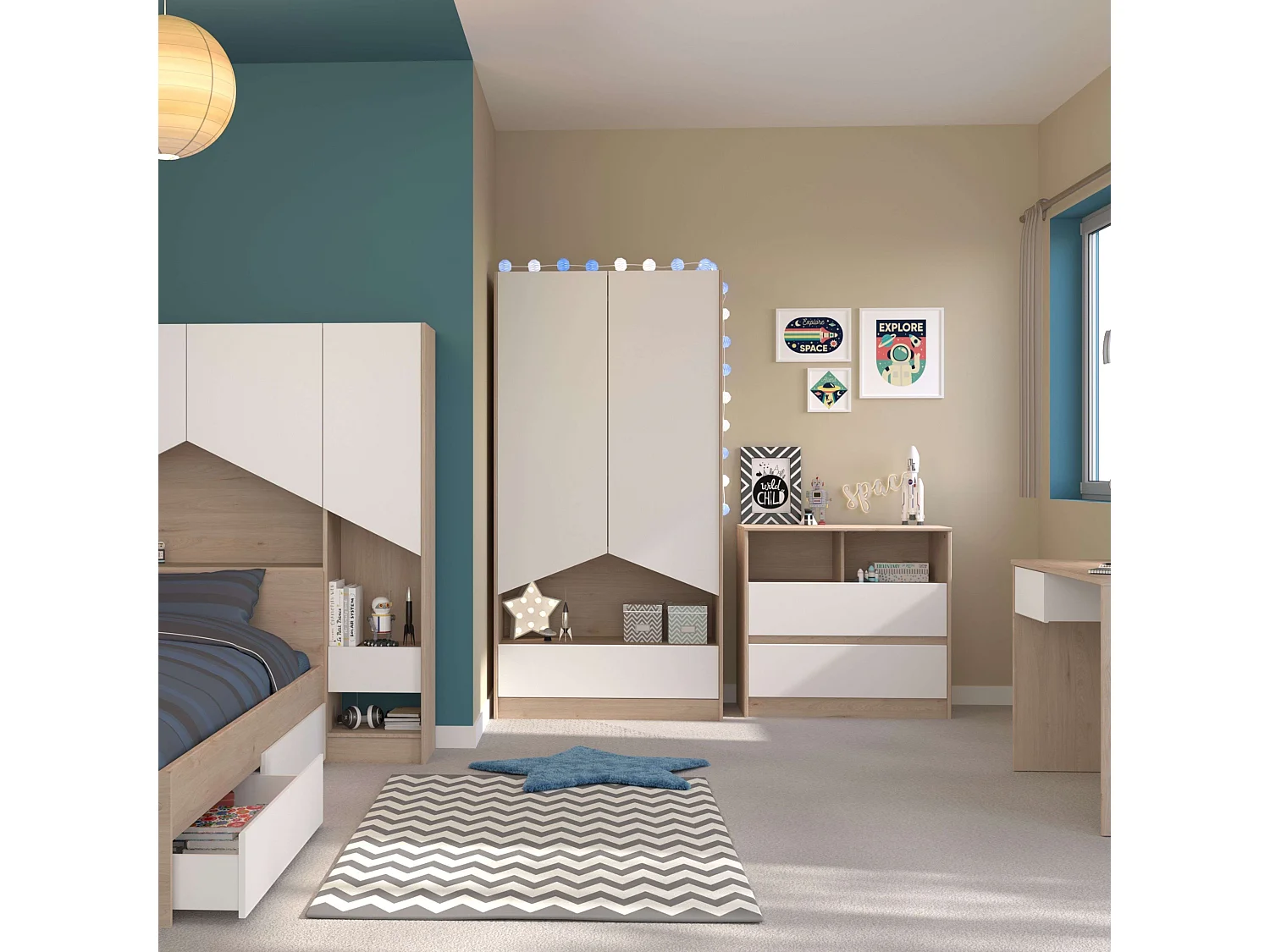 Armario Juvenil Child 2 Puertas y Cajón Roble Jackson Blanco Mate