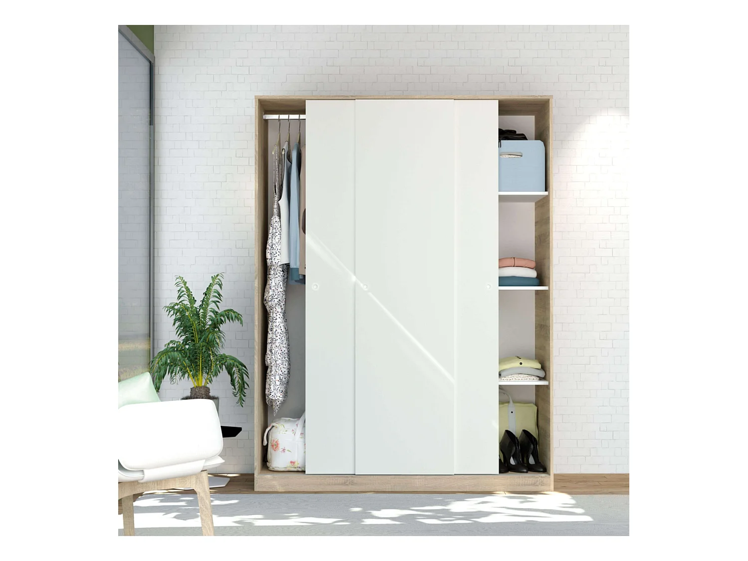 Armario Tibet 3 Puertas Correderas Roble Cambrian, Blanco o Roble 150x200cm