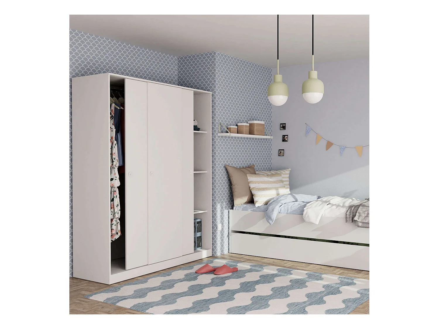 Armario Grande Tibet 3 Puertas Correderas Roble, Blanco 150x200cm