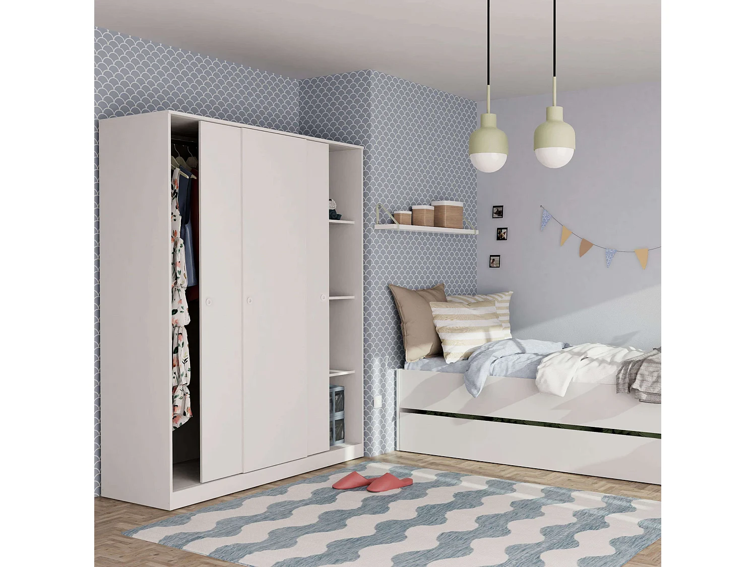 Armario Grande Tibet 3 Puertas Correderas Roble, Blanco 150x200cm